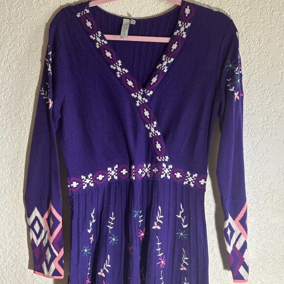 Sahalie Medium Purple Embroidered Sweater Pleated‎ Hippie Boho Cotton Knit Dress - Picture 3 of 14